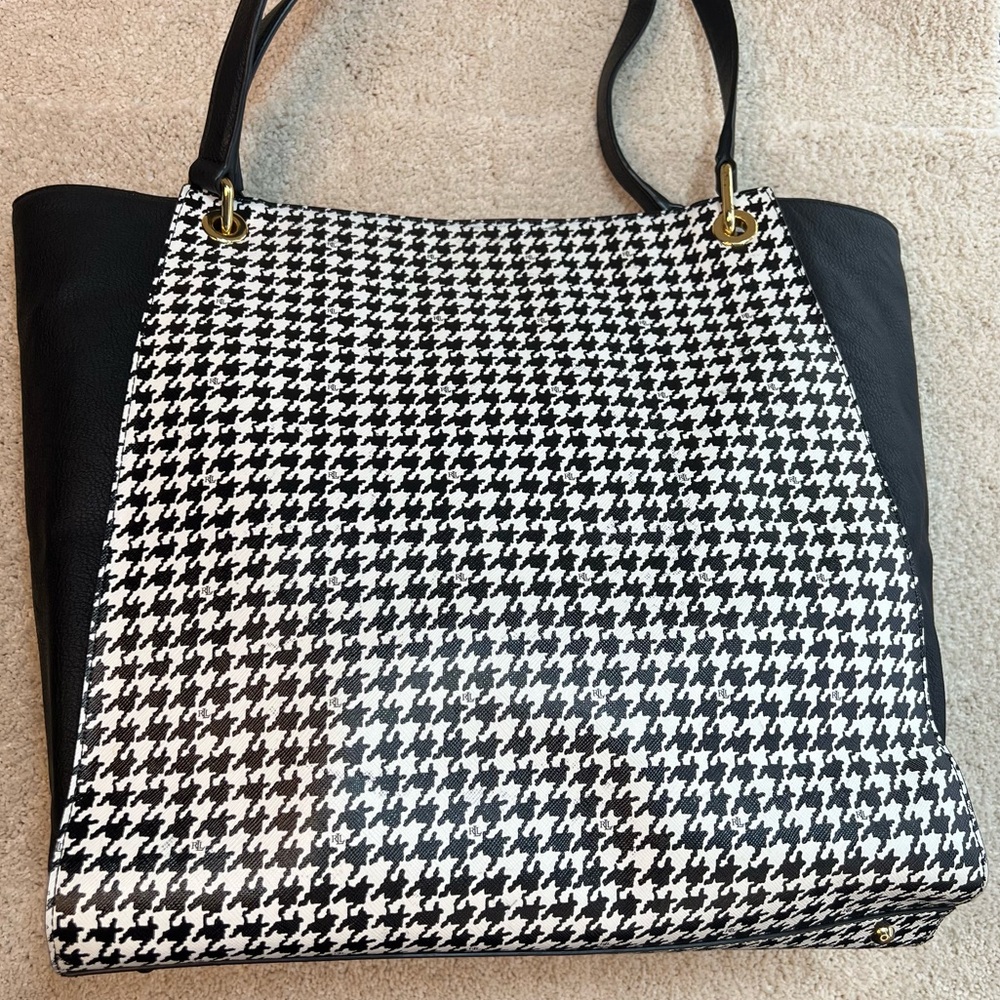 Ralph Lauren Black White Agdon Houndstooth Tote Shoulder Bag Handbag EUC - Picture 3 of 12